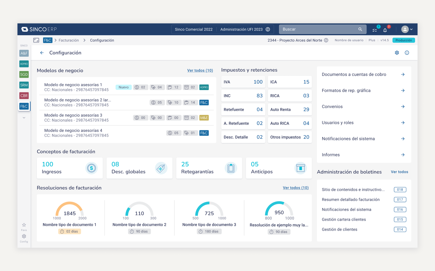 Complete settings dashboard in its populated state