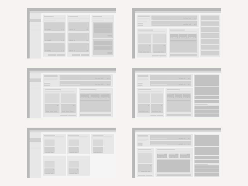 Six lo-fi wireframe versions of the dashboard layout