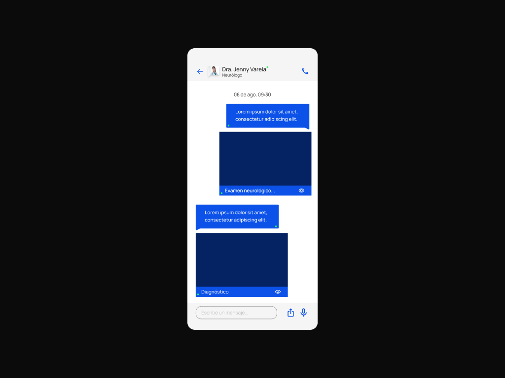Chat with a diagnosis shown as a large attachment block
