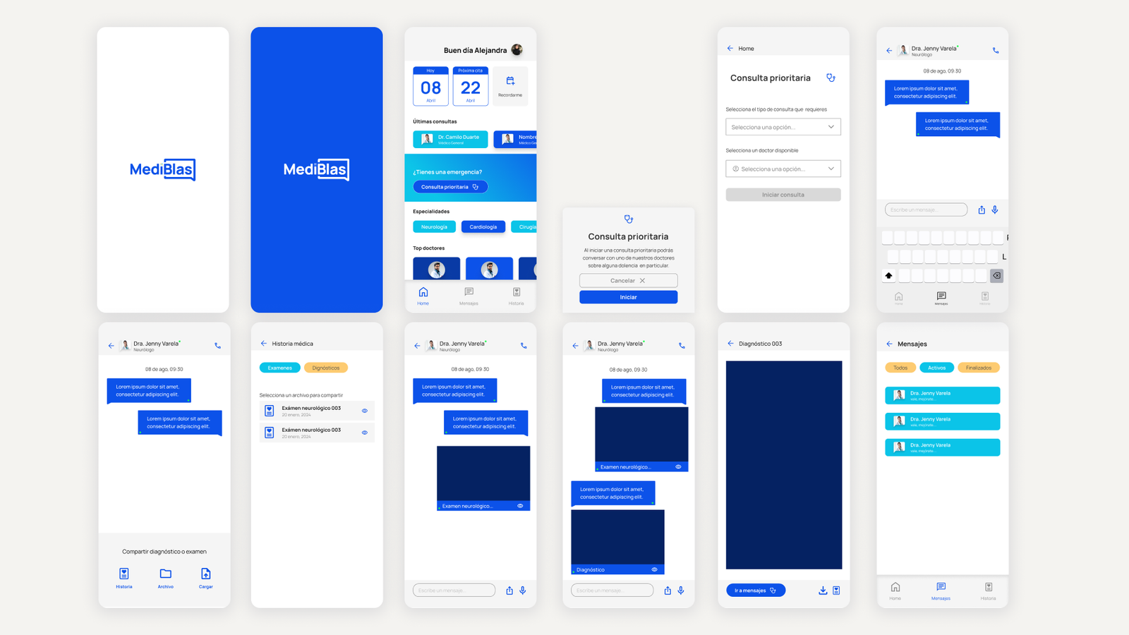 MediBlas chat app shown in light and dark mode