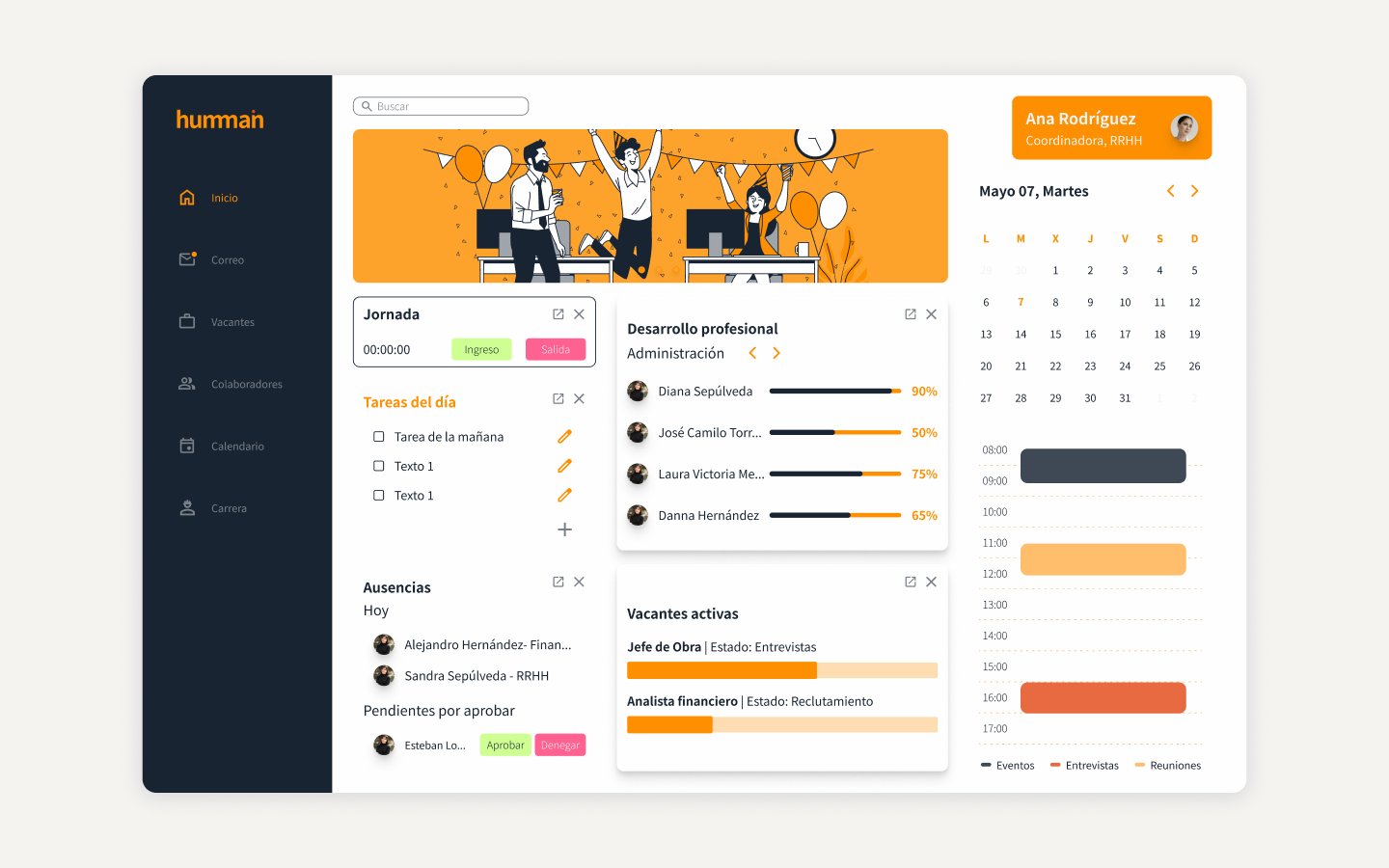 humman home dashboard with widgets and the agenda side panel