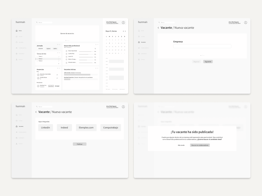 Vacancy flow wireframes, from request to hire